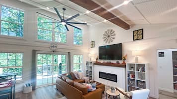 Smart TV, fireplace, books