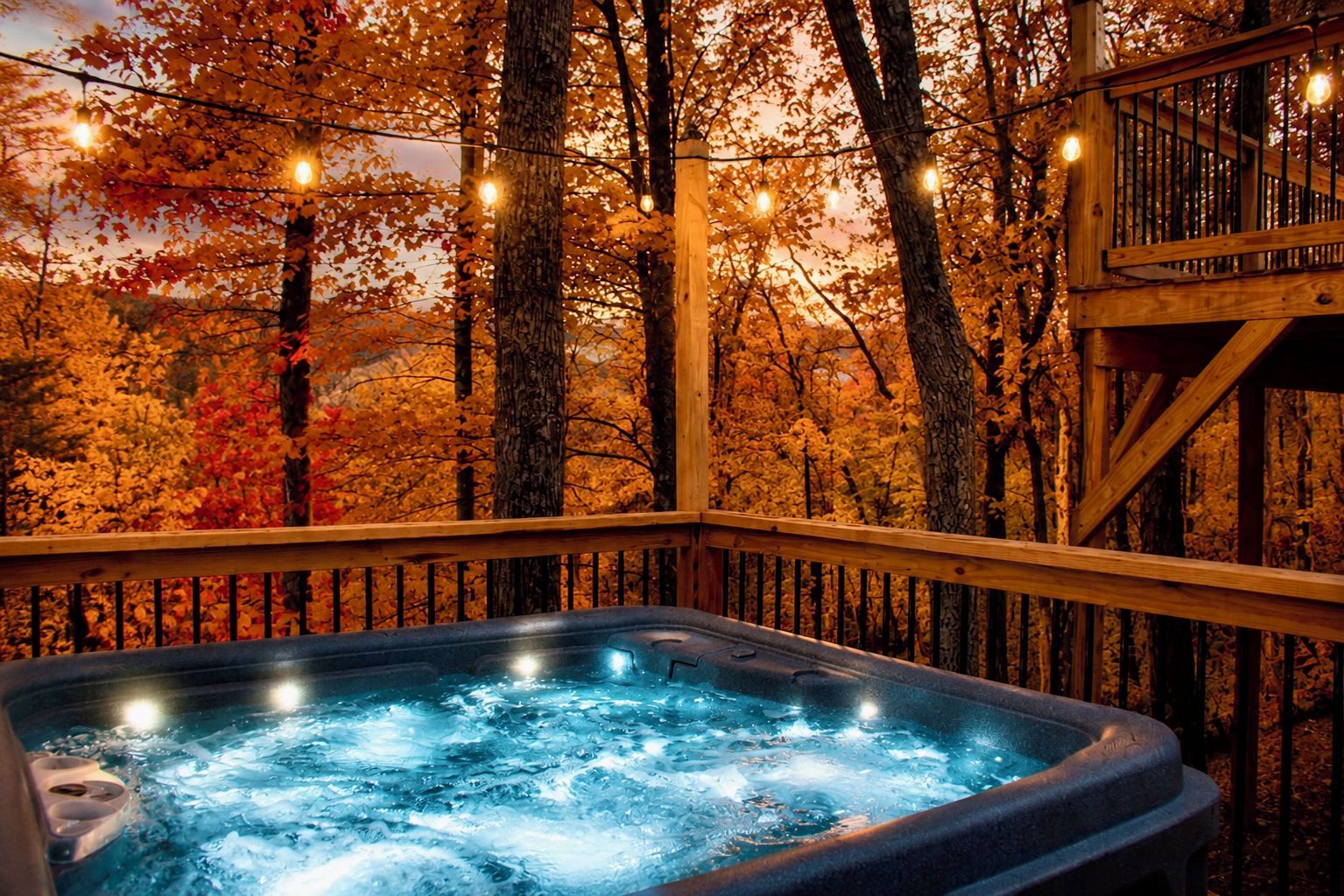 A hot tub surrounded by a wooden deck with a view of autumn trees.