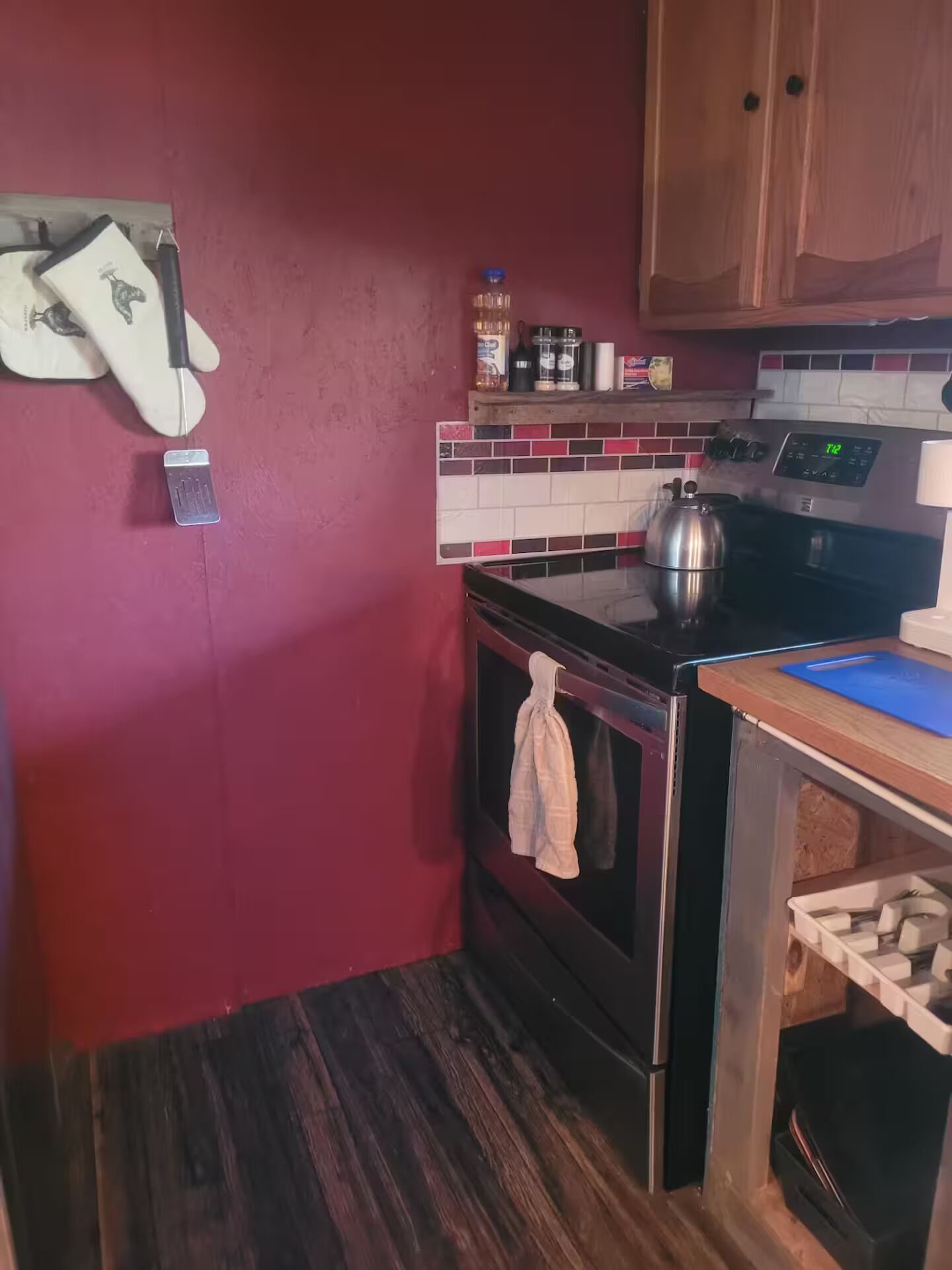 Une cuisine de taille réduite avec un mur rouge, une cuisinière en acier inoxydable et un pare-feu en carreaux.