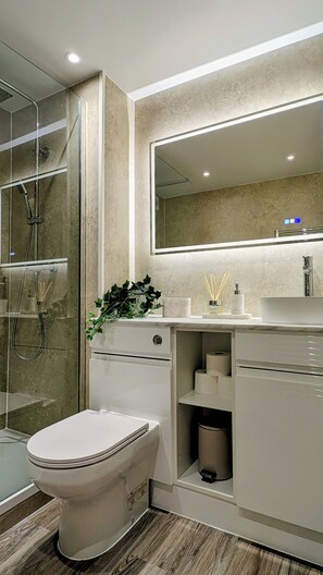 Shower, hair dryer, towels, soap