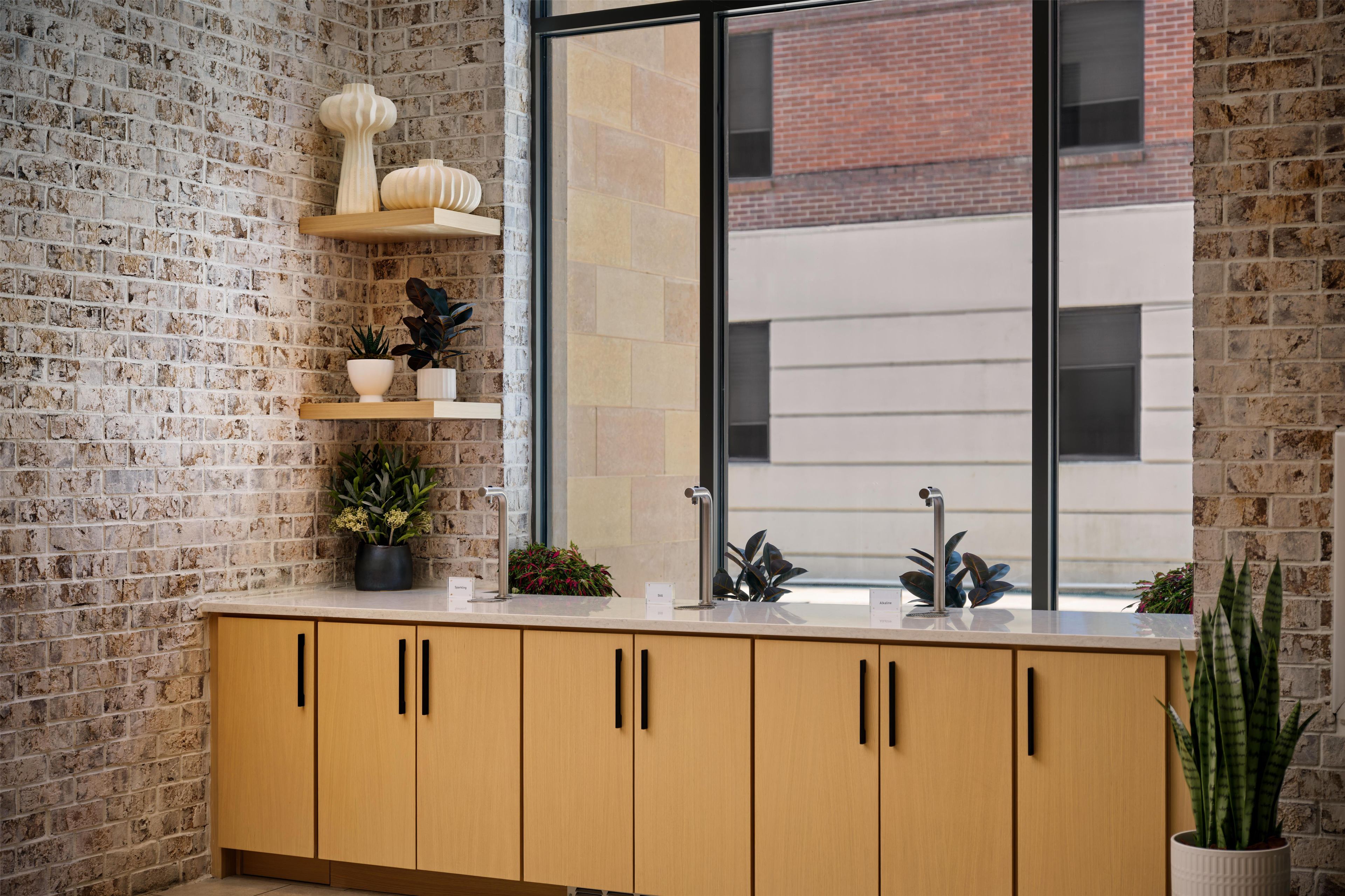 A kitchen with a brick wall, wooden cabinets, a window, and various plants.