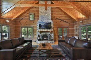 Smart TV, fireplace, video games, DVD player