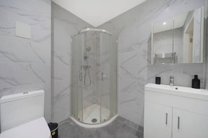 Shower, hair dryer, soap