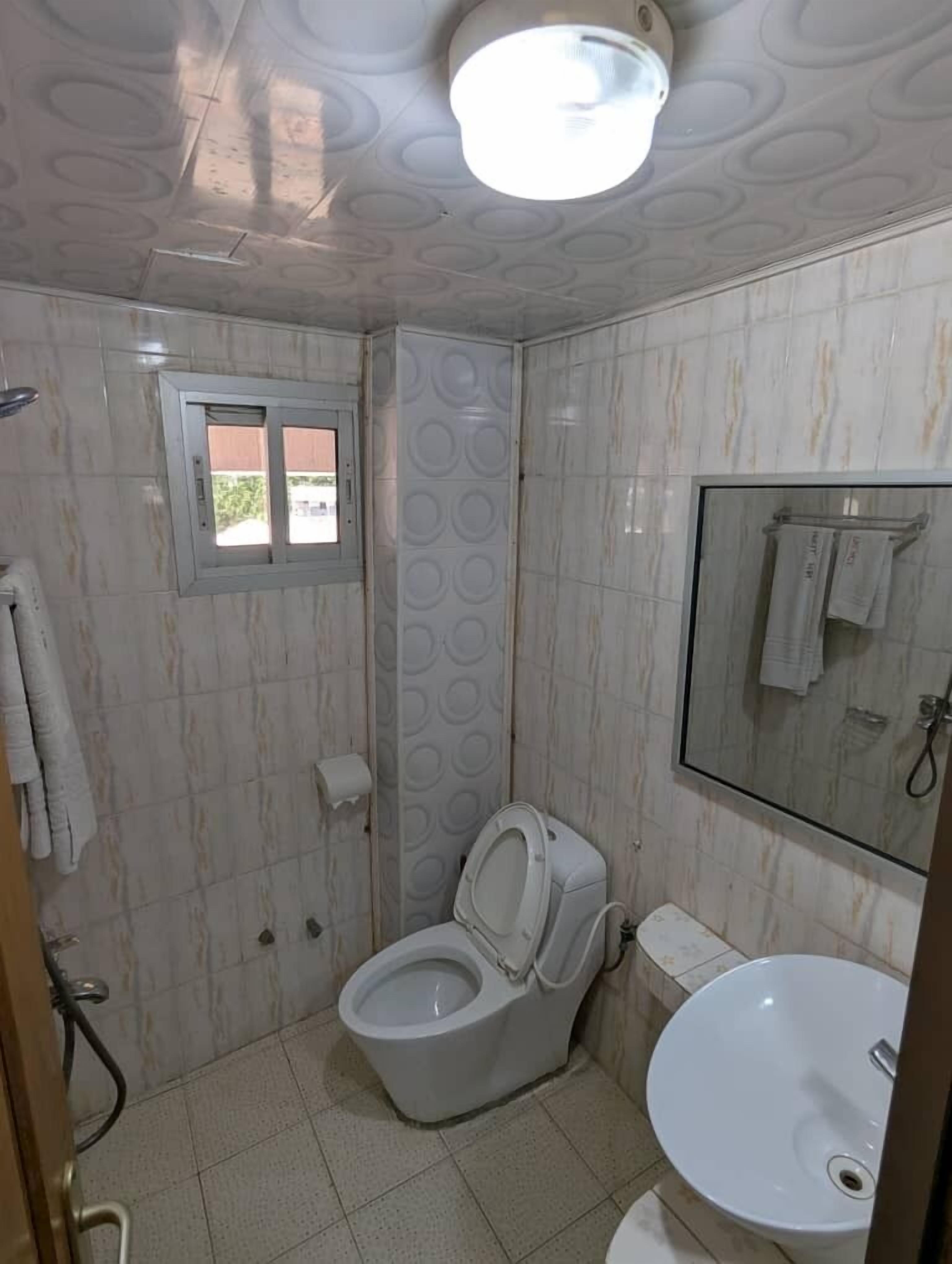 Un baño con inodoro, lavamanos y espejo.