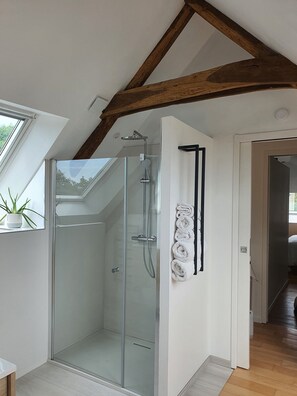 Shower, hair dryer, towels - Holiday Home 'Neizh Ar Kaouenn Brandérion' with Private Pool, Jacuzzi and Wi-Fi (Brandérion)