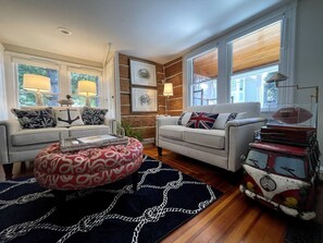 TV, fireplace, books