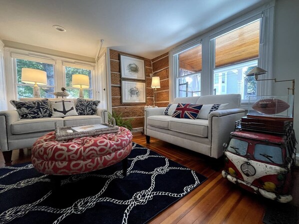 TV, fireplace, books