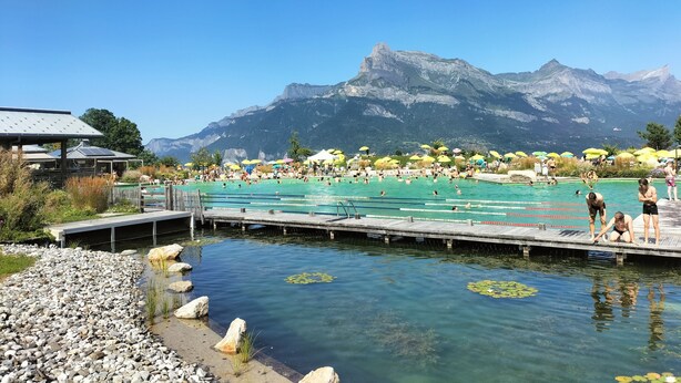 Une piscine à l’eau claire, entourée de rochers et de plantes, avec une montagne en arrière-plan.
