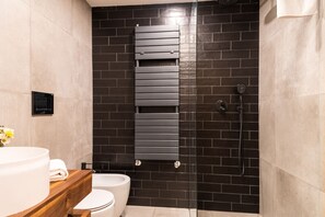 Shower, hair dryer, bidet, towels