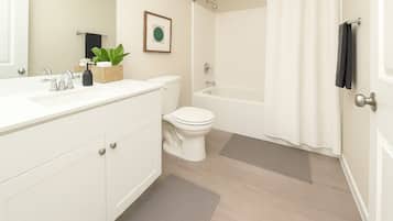 Hair dryer, towels, soap, toilet paper