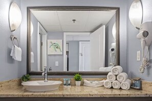 Sèche-cheveux, serviettes fournies, savon, papier toilette