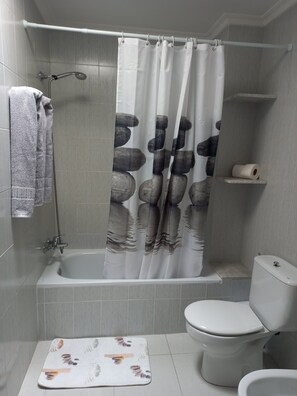 Hair dryer, bidet, towels, soap