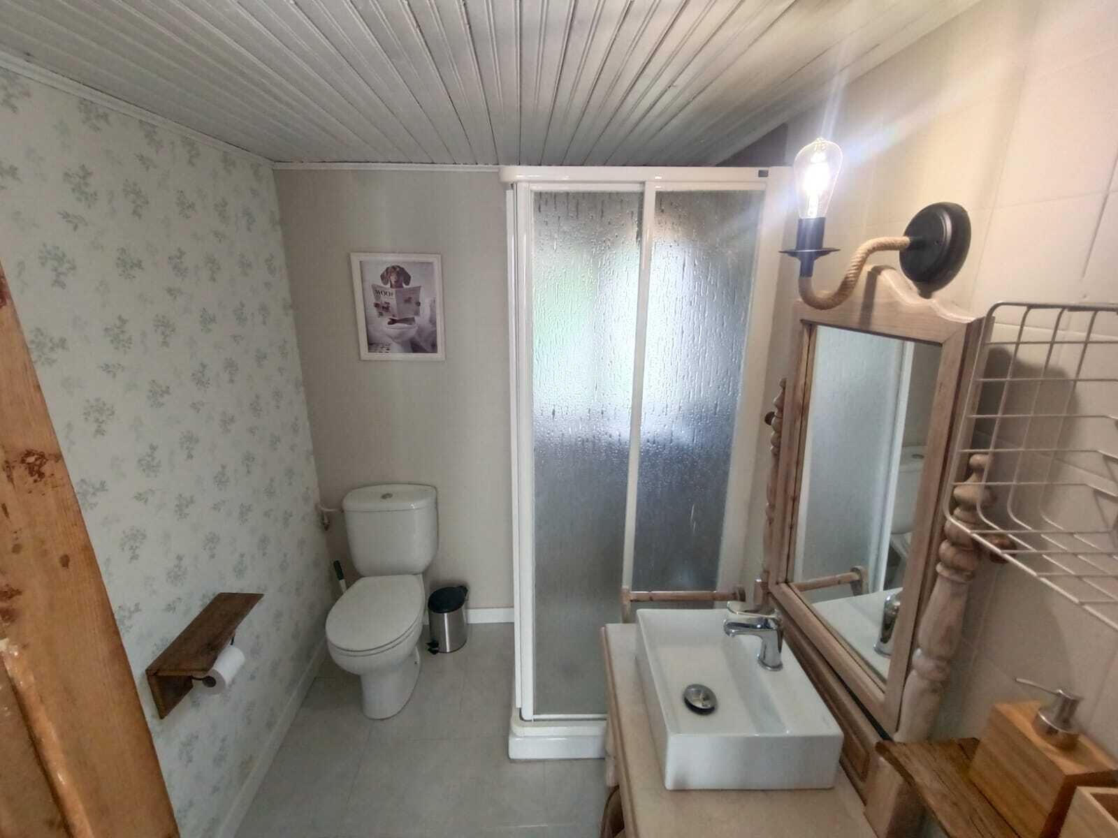 Une salle de bain comprenant des toilettes, un espace douche, un lavabo et un miroir.