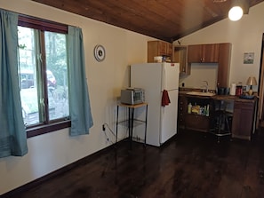 Fridge, microwave, coffee/tea maker, toaster