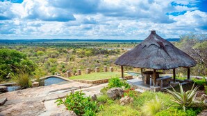 A thatched-roof pavilion with a pool and stone pathway.