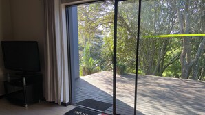 A room with a TV on a stand, a sliding glass door leading to an outdoor deck, and two welcome mats on the floor.