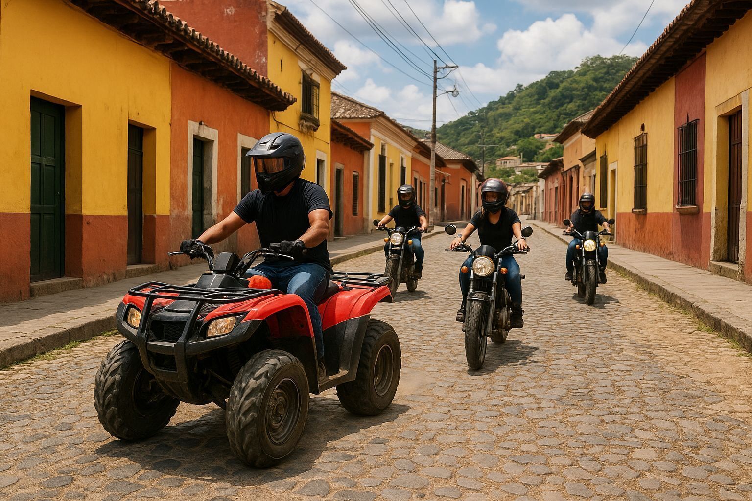 A cobblestone street lined with yellow buildings, a red ATV, and three motorcyclists.