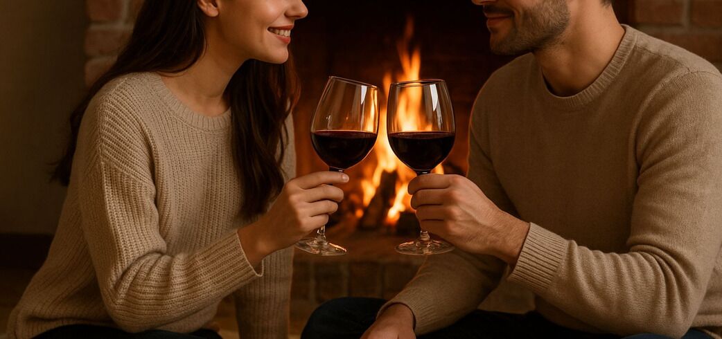Dos personas sentadas junto a una chimenea, sosteniendo copas de vino.