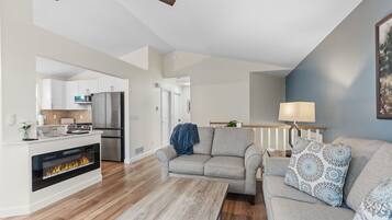 Studio (2 Bedrooms) | Living area | TV, fireplace, books