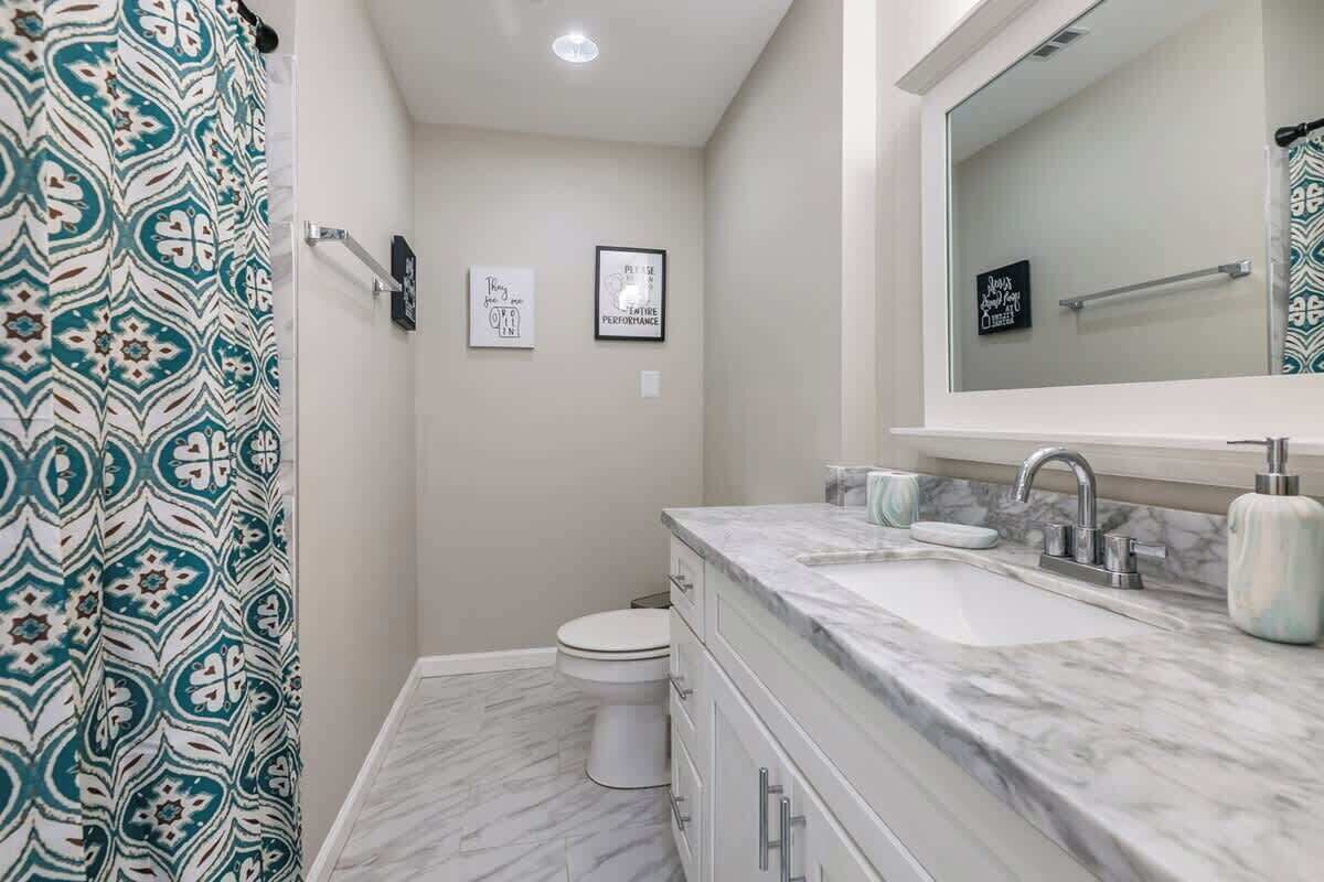 Un bagno con un water bianco, un lavabo in marmo e uno specchio sopra. Sulle pareti ci sono due quadri e una tenda da doccia con motivo geometrico.