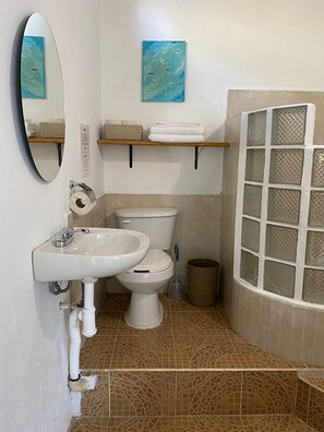 Chuveiro, toalhas de banho, sabonete, shampoo