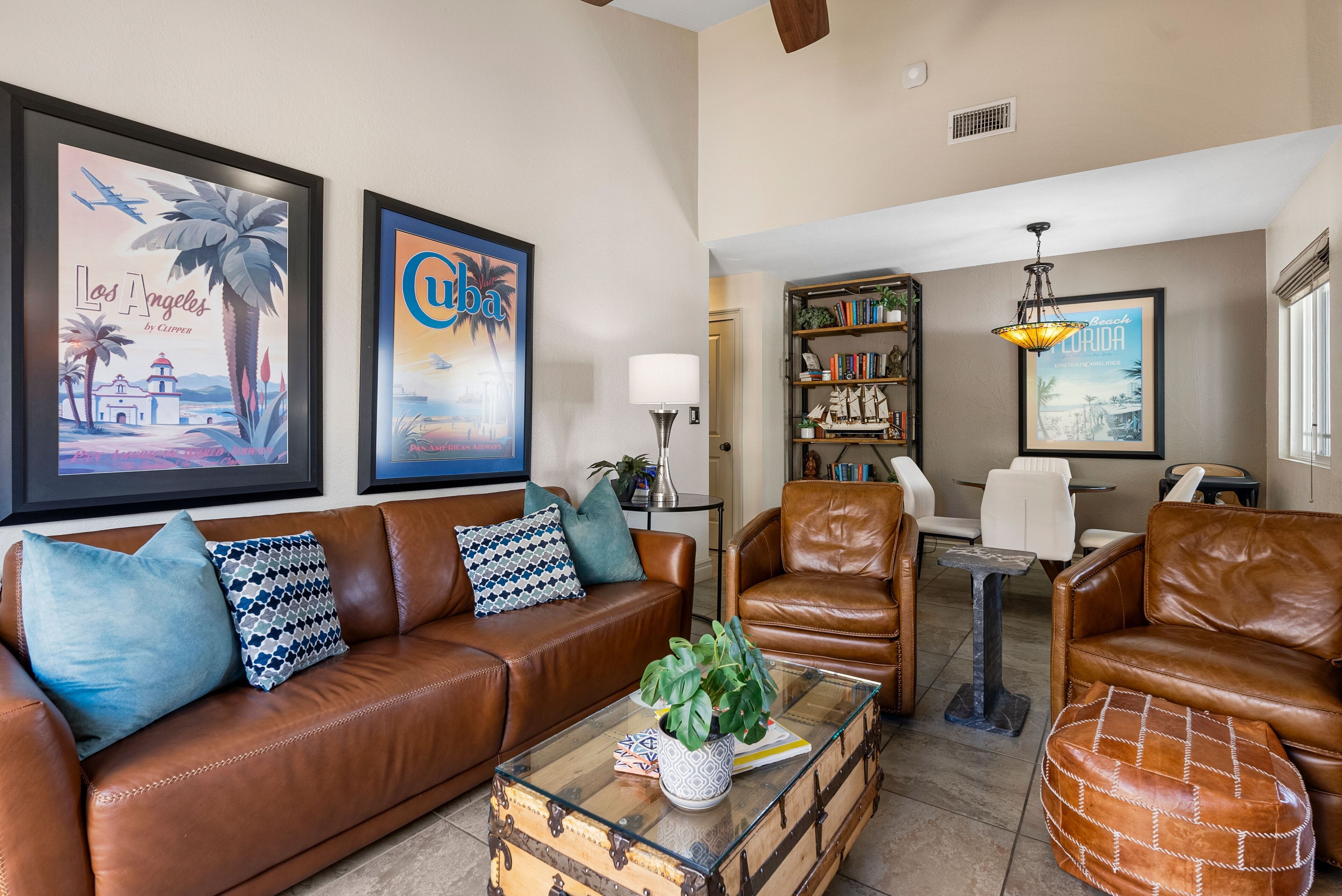 TV, fireplace, books