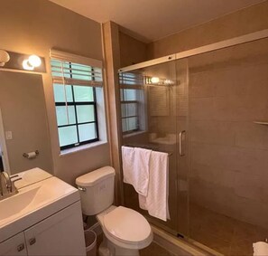 Hair dryer, towels, soap, toilet paper