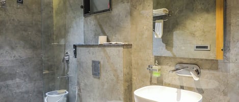 Shower, free toiletries, hair dryer, slippers