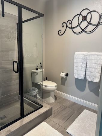 Shower, hair dryer, towels, toilet paper. Charming Modern Private In-Law Suite in Clovis – Separate Entrance