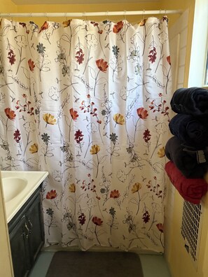 Sèche-cheveux, serviettes fournies, savon, shampoing