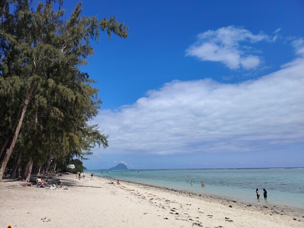 A beach with clear skies, calm water, and a distant mountain.