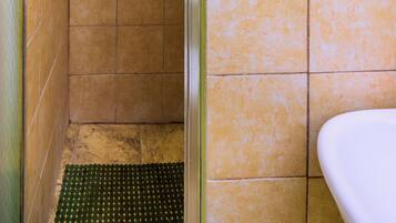 Shower, towels, soap, toilet paper