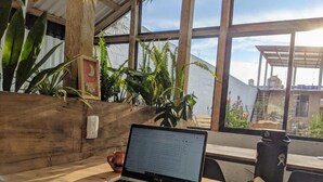 A wooden desk with a laptop, a mouse, and a water bottle in a room with large windows and plants. - Co404 San Cristobal (San Cristóbal de las Casas)