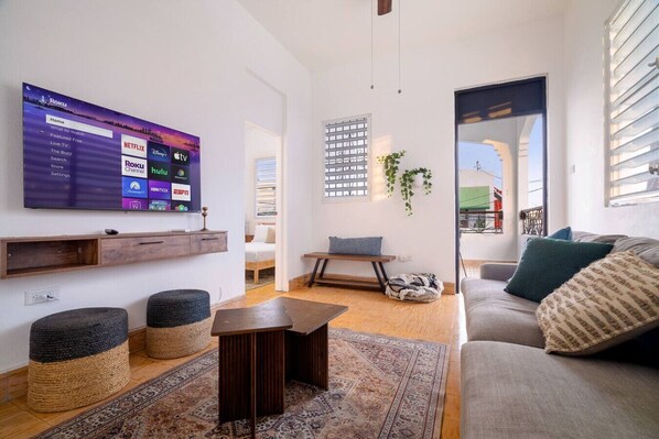 Smart TV, fireplace, books