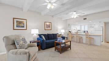 Condo, 1 Queen Bed with Sofa bed, Patio, Pool View (Ocean Club North C104) | Living area | 42-inch flat-screen TV with digital channels