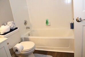 Hair dryer, towels, soap, toilet paper
