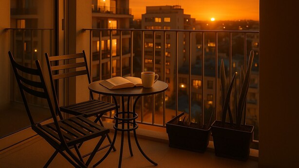 Un balcón con una mesa y sillas, un libro y una taza, con vistas a un paisaje urbano al atardecer.