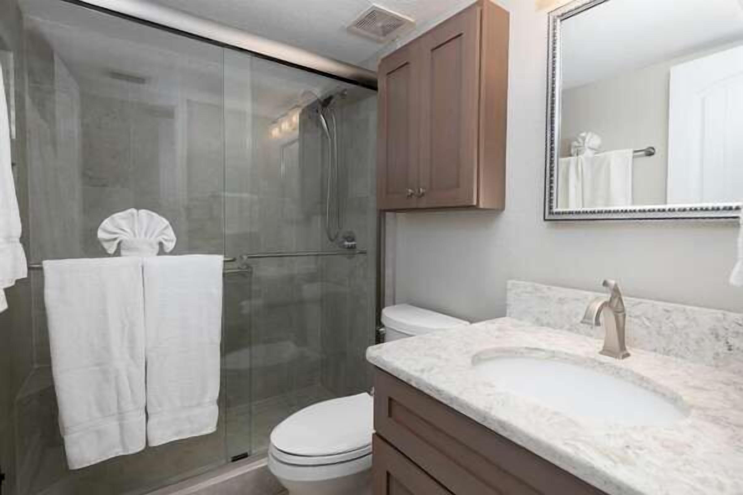 A bathroom with a glass shower enclosure, a white toilet, a marble sink, and wooden cabinets.
