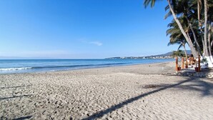 A sandy beach with palm trees and a clear blue sky. - One block from the beach in Bucerias (Bucerías)