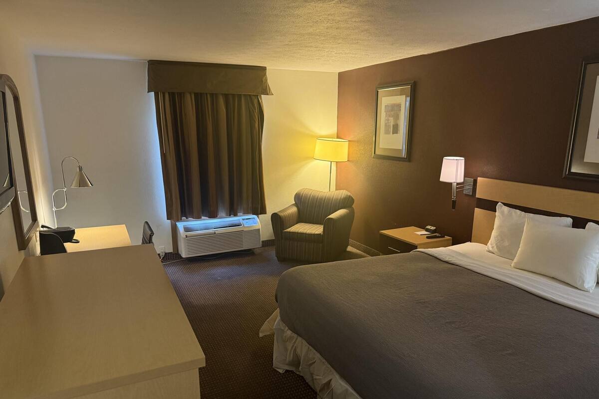 Ein Hotelzimmer mit Bett, Stuhl, Schreibtisch, Lampe und Heizung.