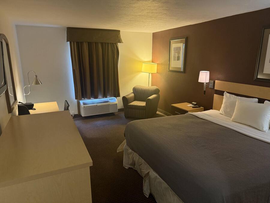 Una habitación de hotel con cama, una silla, un escritorio, una lámpara y un calentador.
