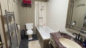 Hair dryer, towels, soap, toilet paper