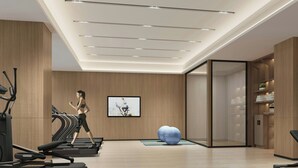 Un gimnasio moderno con cintas de correr, una pelota de ejercicios grande y un televisor montado en la pared.