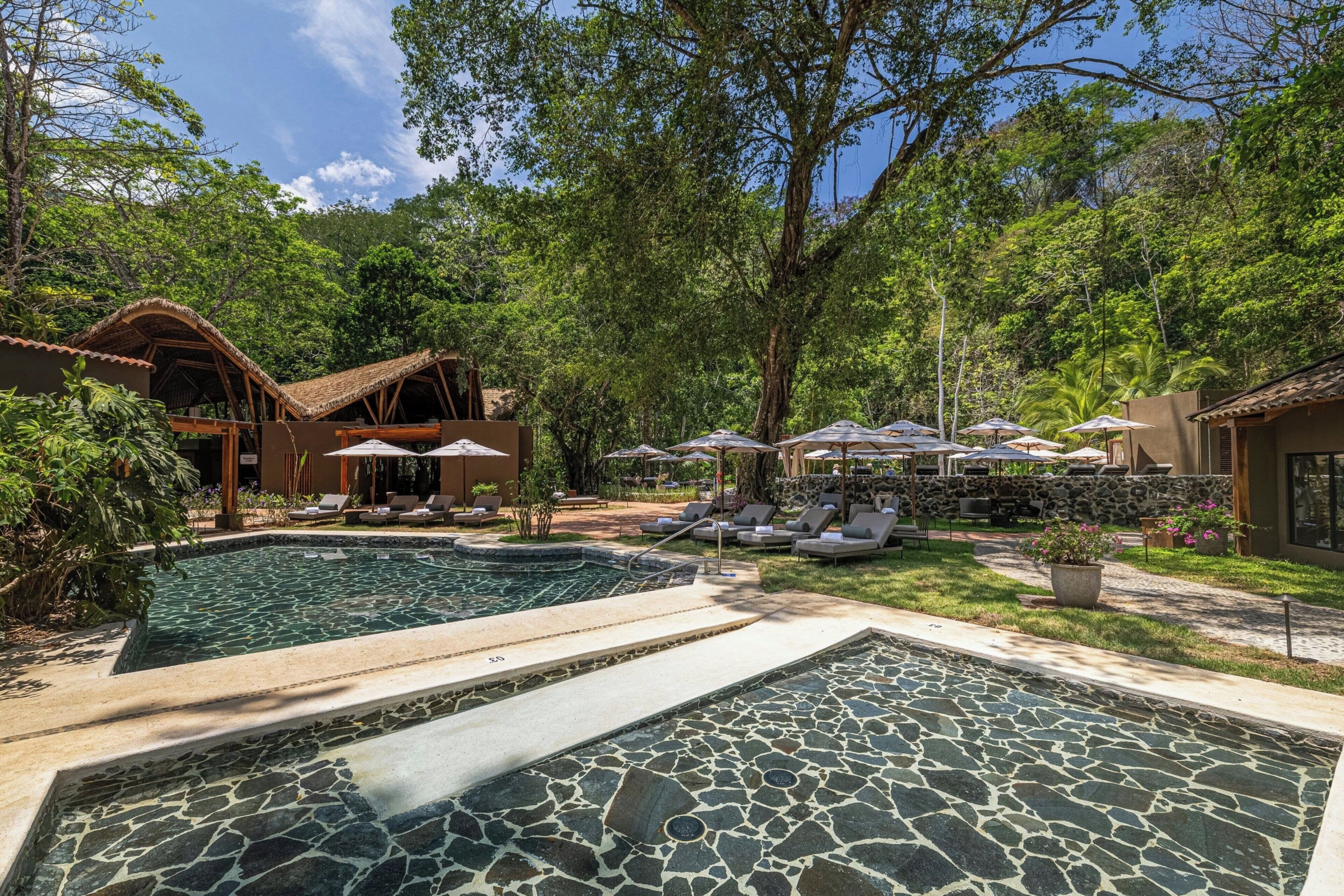 A pool area with lounge chairs and umbrellas, surrounded by lush greenery and a stone pool.
