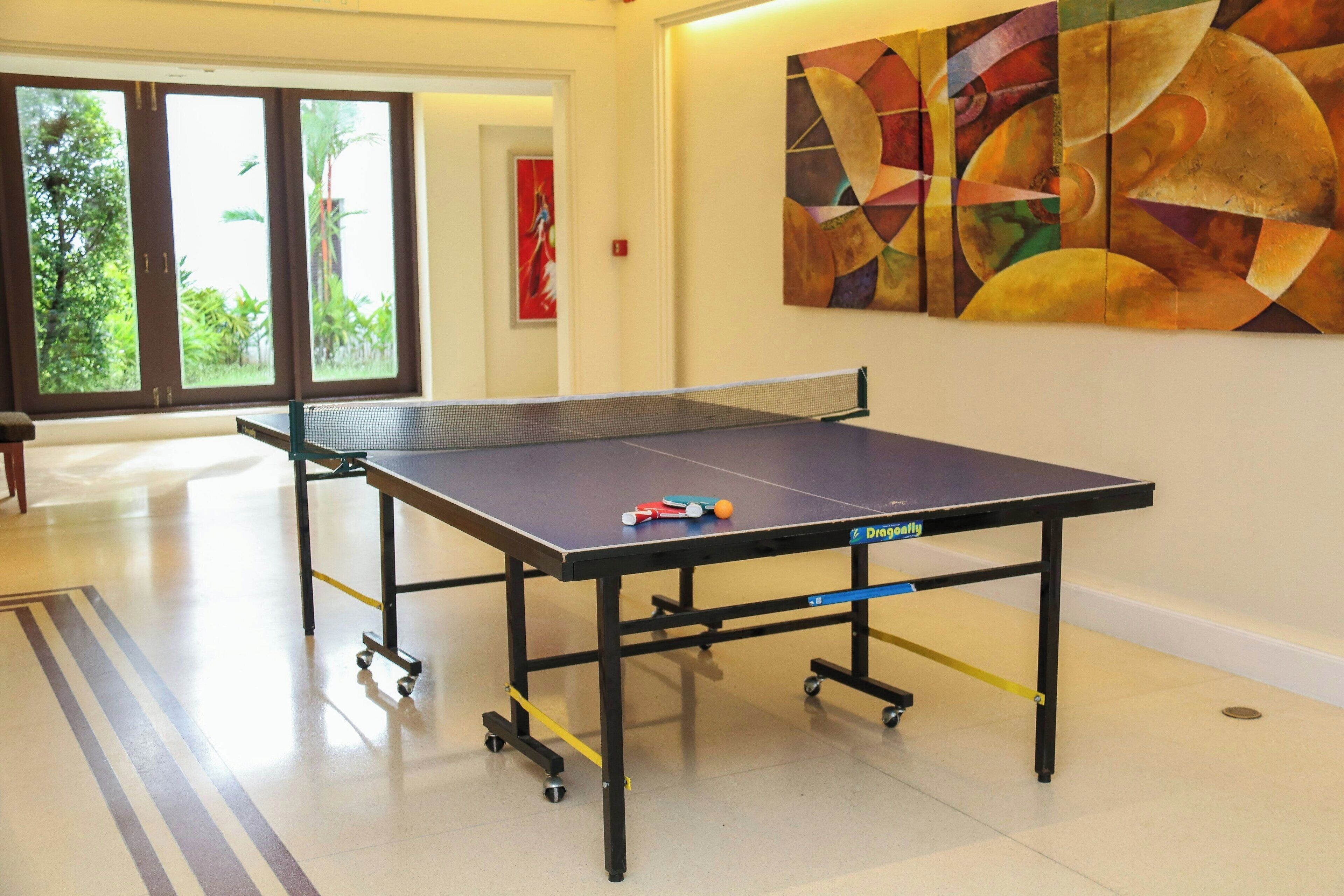 A ping pong table in a room with a large abstract painting on the wall and a view of greenery through the door.