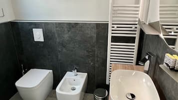 Hair dryer, bidet, towels, soap