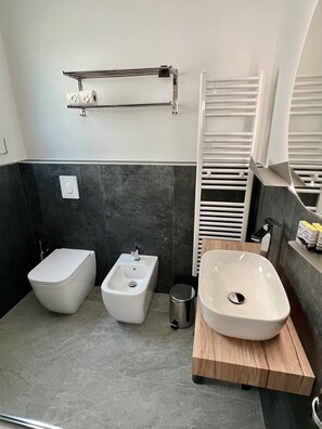 Hair dryer, bidet, towels, soap
