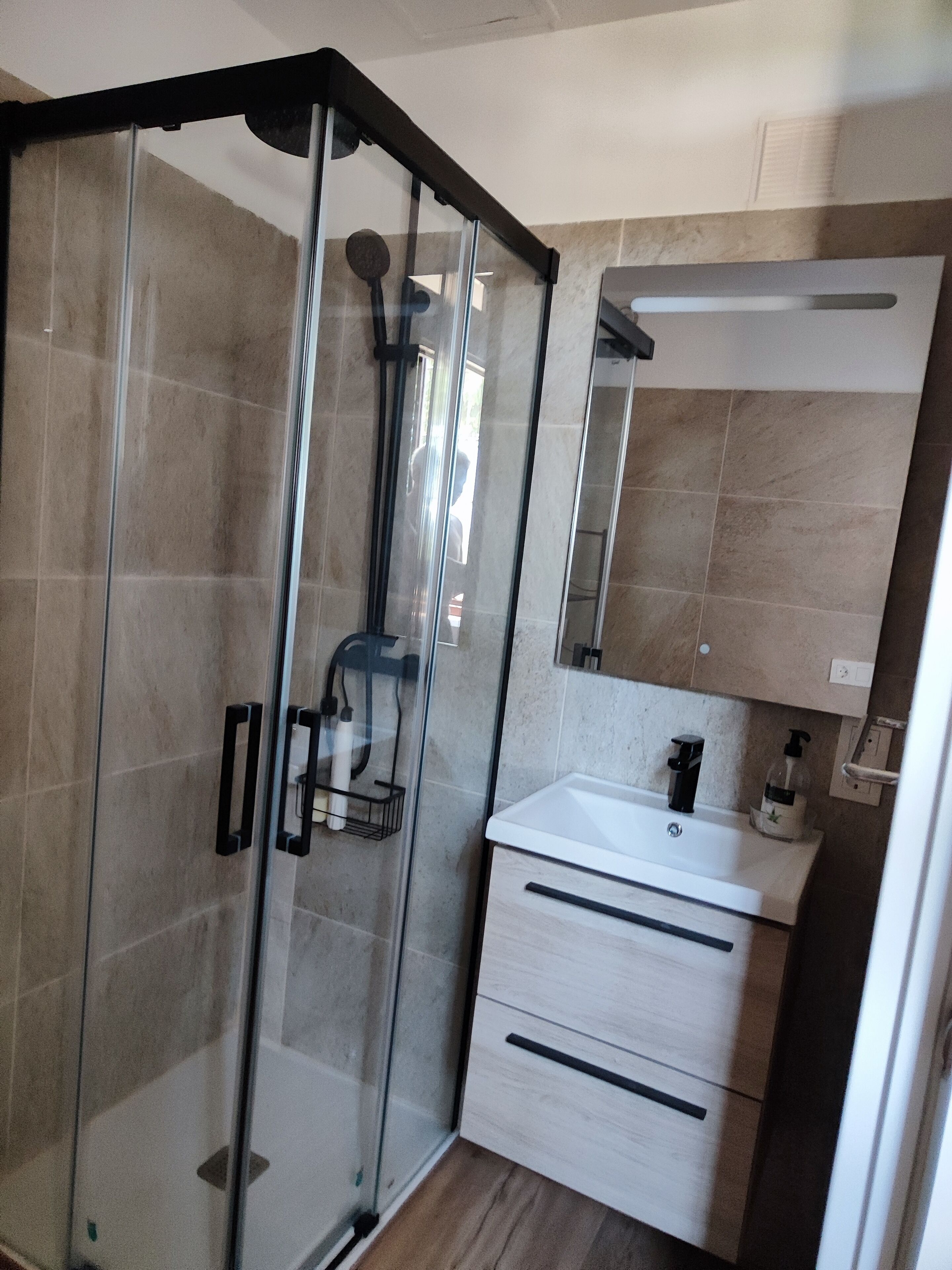 A modern bathroom with a glass shower enclosure, a white sink, and a mirror above the sink.