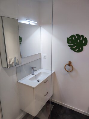 Douche, serviettes fournies, savon, papier toilette
