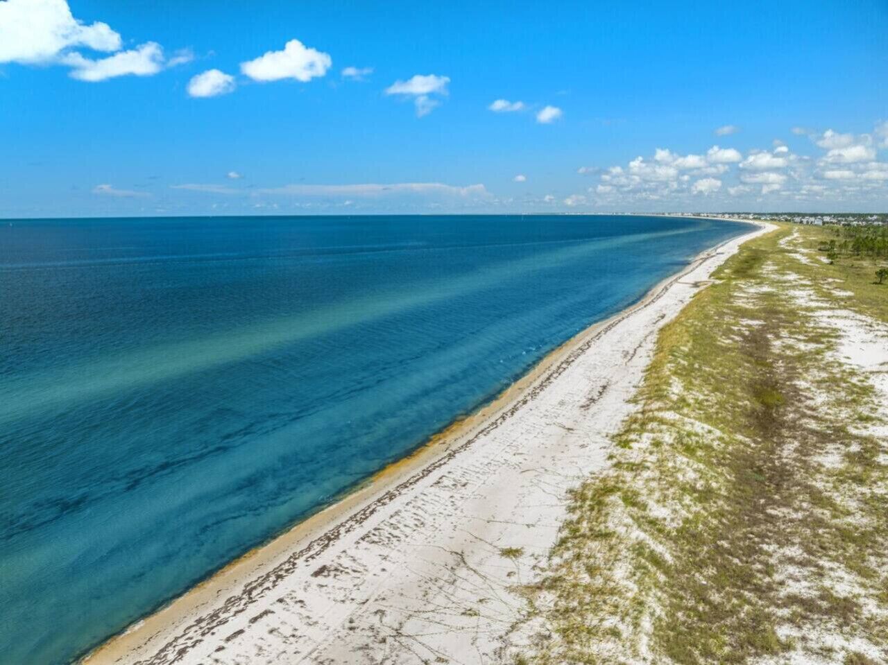 Uma praia com águas azul-claras, areia branca e vegetação rala.